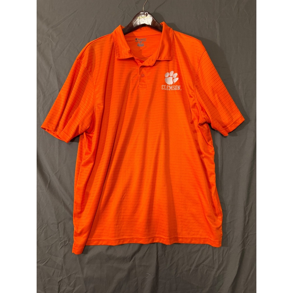 Champion Clemson Tigers Polo Shirt Mens 2XL Orange Striped Short Sleeve Athletic